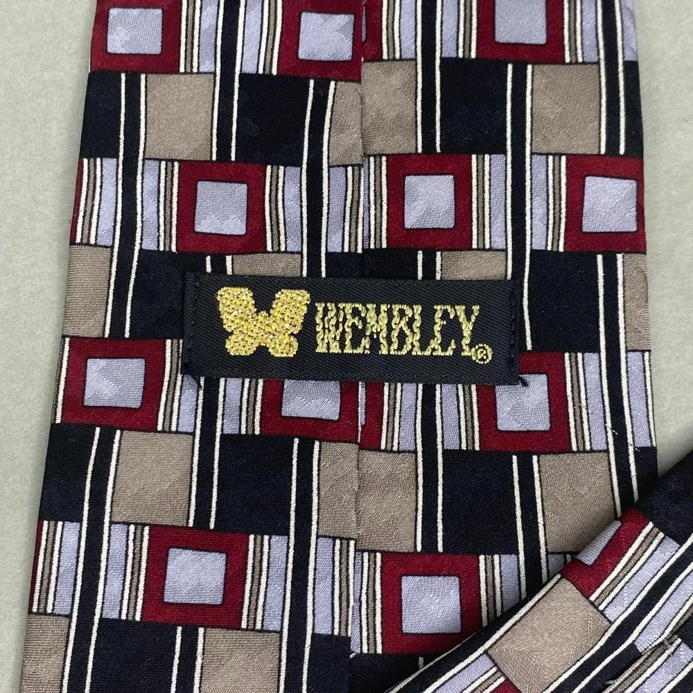 VTG Wembley‎ Necktie Mens OS Geometric Silk Red Black Grey Tan Minimalist 57x4